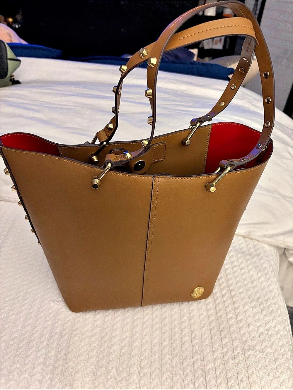 Vince Camuto Lisha Studded Tote Bag Leather Brown & Red